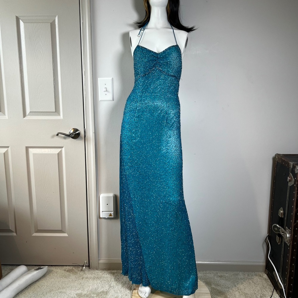 CACHE Beaded Maxi Gown Y2K Party Homecoming Cocktail Dress Open Back Size S